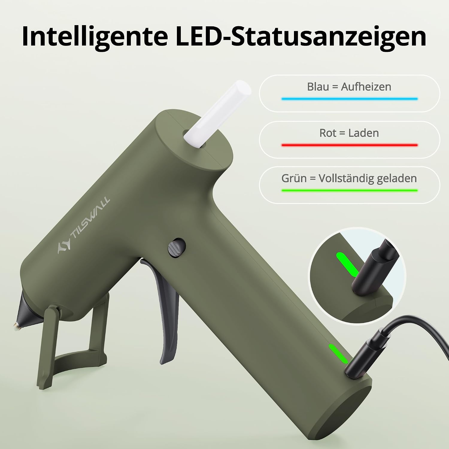 Thumbnail 6 de Tilswall Kabellose Akku-Heißklebepistole (2000mAh) – 20 Premium-Klebestifte, Olivgrün