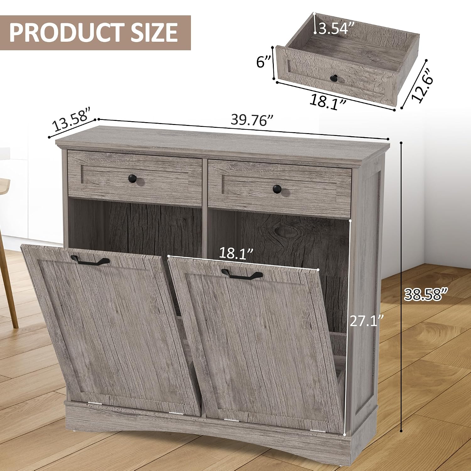 Detalle 2 de OUTGUAVA Double Tilt-Out Trash Cabinet, Gray, 26-Gallon Capacity, Drawers