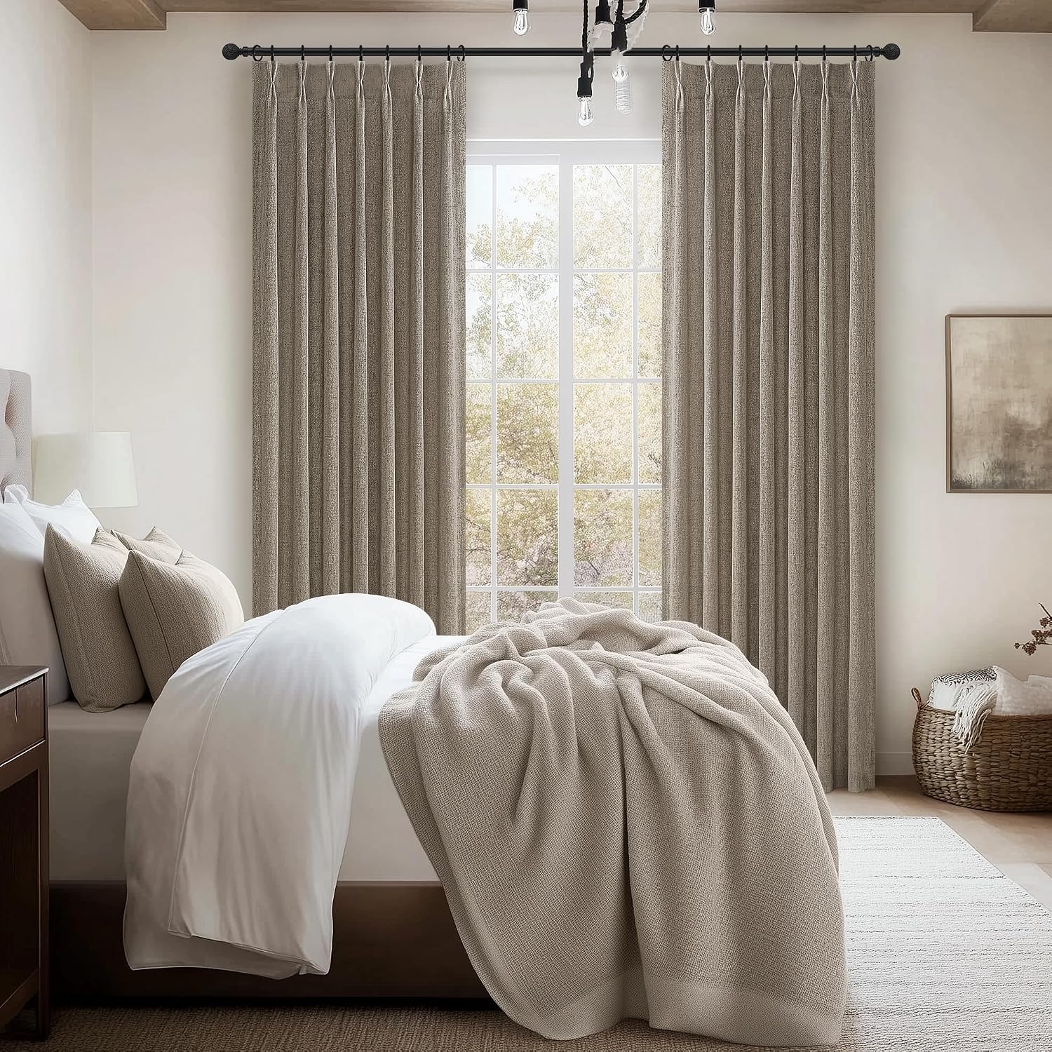 Thumbnail 6 de Pinch Pleated Dark Flax Privacy Curtains: 105-Inch, 2 Panels, Light Filtering Linen Boho Elegance