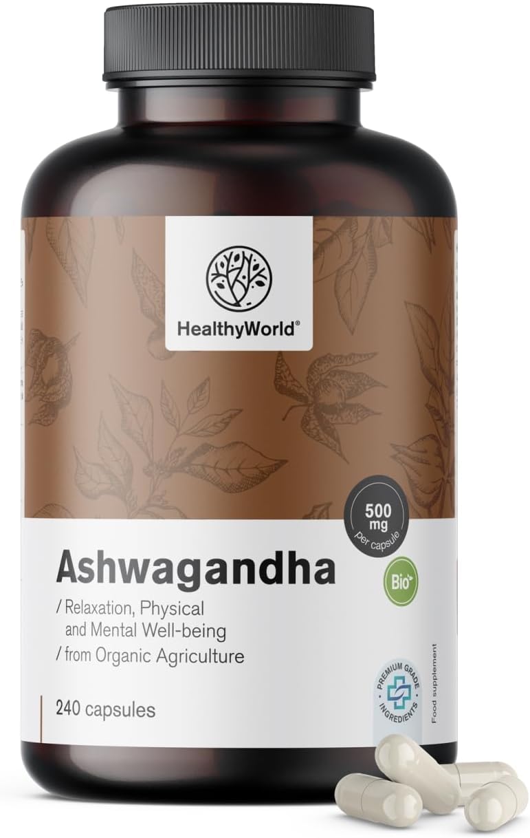Detalle de HealthyWorld Ashwagandha 500 mg, 240 plantaardige capsules
