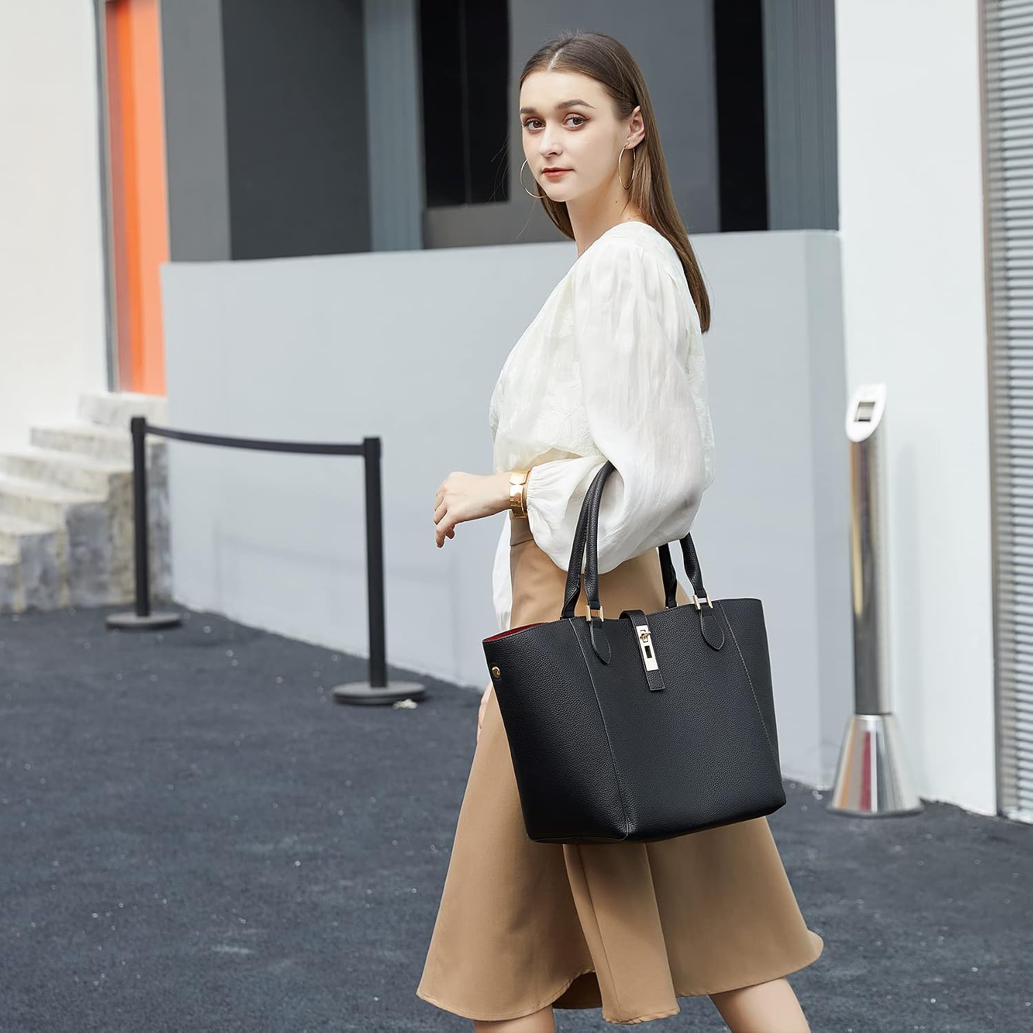 Detalle de sqlp Shopper Tasche Damen Groß – Ledertasche Big Tote Bag mit Henkelgriff und Schultergurt