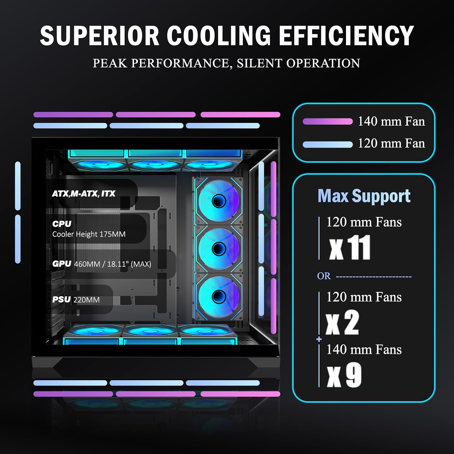 Thumbnail 3 de ANSAITE ATX PC-Gehäuse H9: Mid-Tower mit 9 ARGB PWM-Lüfter, 360 mm Radiator, Panorama-Glas