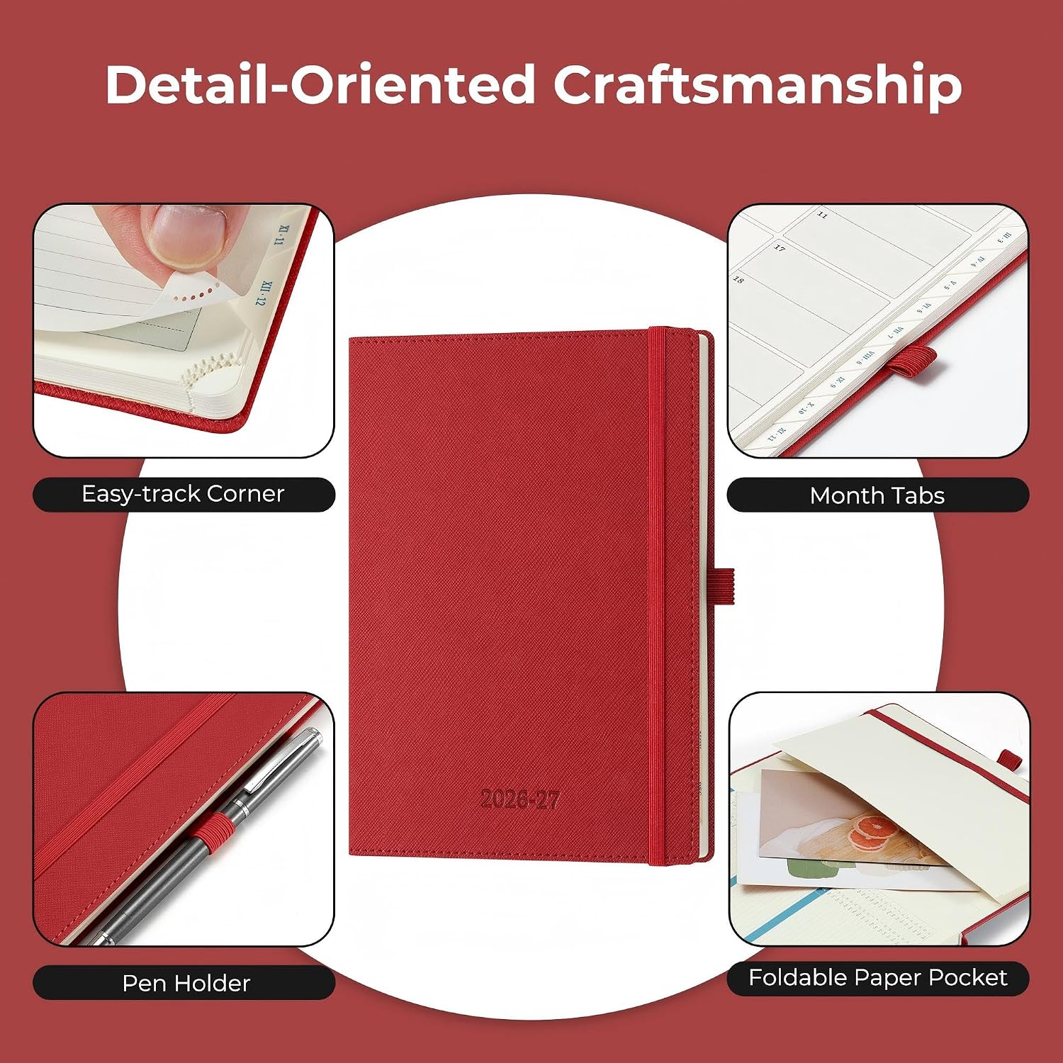 Detalle de IN-LUXPRO Academic Diary 2026-2027: A5 Week to View, Red PU Leather, 18 Months (Jul '26 – Dec '27)