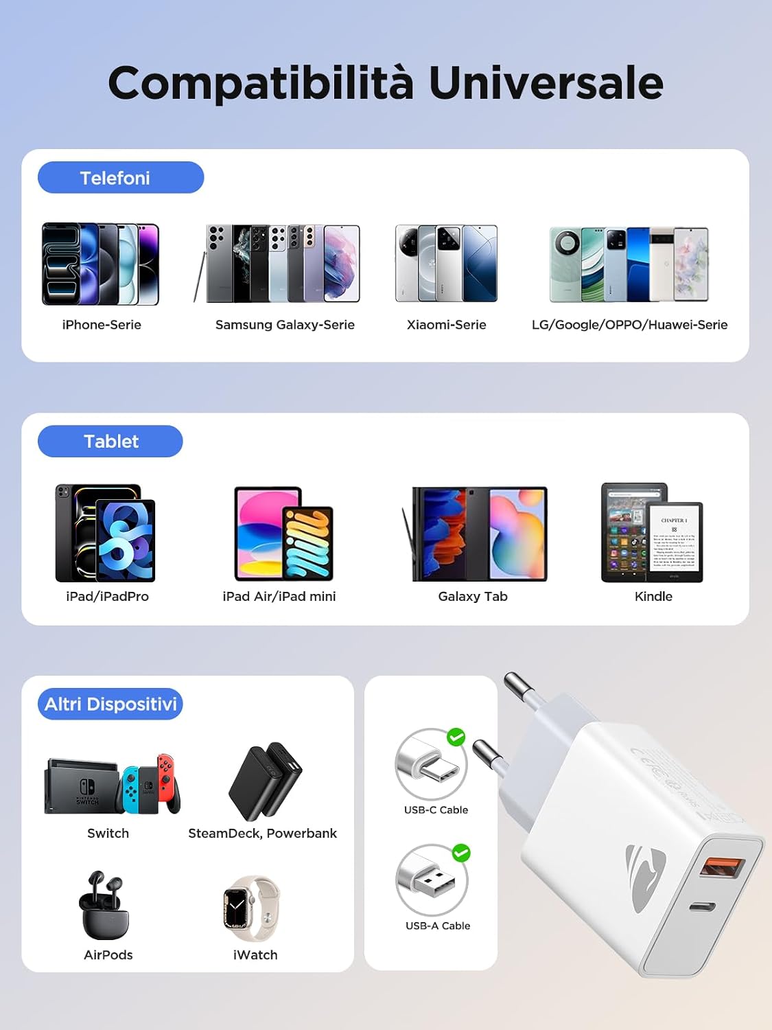 Thumbnail 6 de Caricatore USB-C 20W a 2 porte 1x USB-C + 1x USB-A – alimentatore compatto per iPhone, Samsung, iPad e molto altro