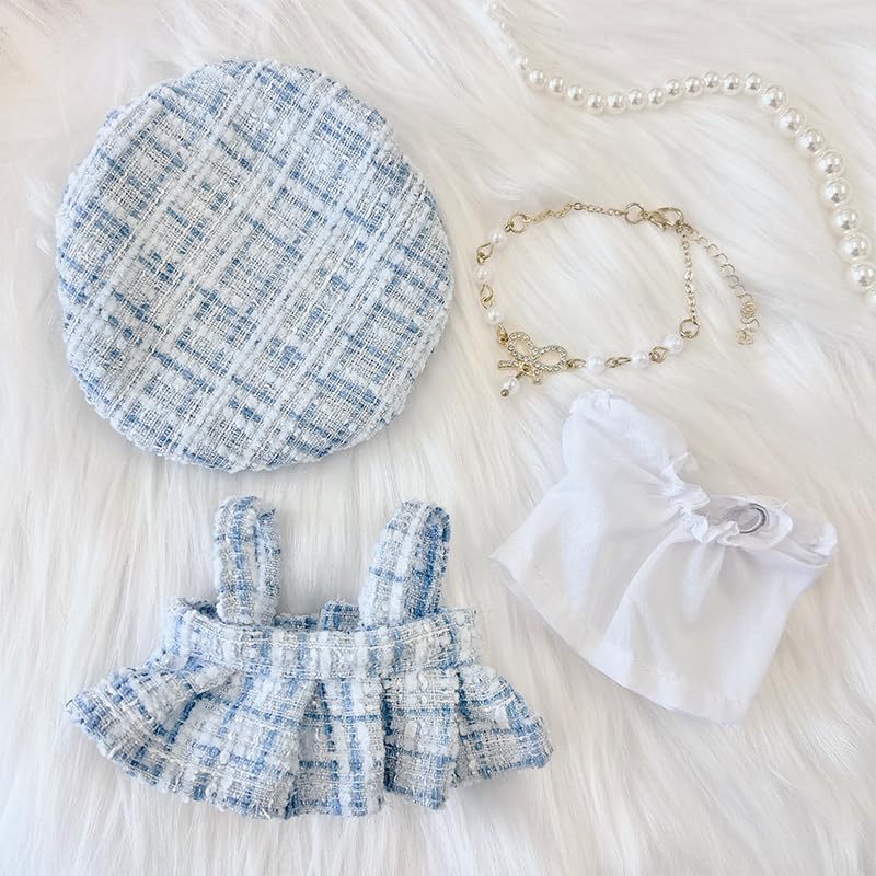 ツイードぬい服 水色 10～15cmぬいぐるみ用 ワンピースなど4点セット