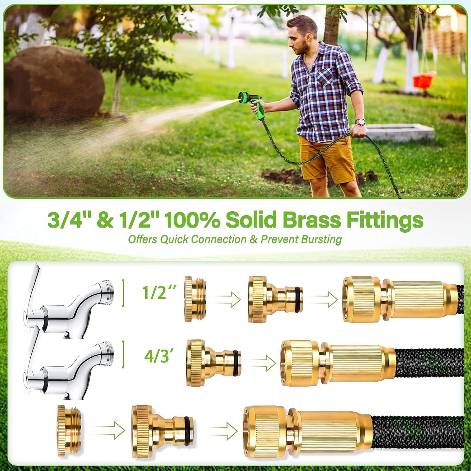 Detalle de Kezidhp Tuyau d’Arrosage Extensible 15 m – 10 modes, Raccords en Laiton 1/2 et 3/4, Kit Complet