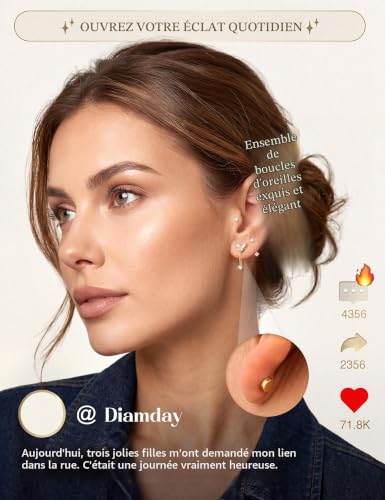 Detalle 2 de Diamday 11 Paires Boucles d'Oreilles Femme – Acier Inoxydable et Or 14K, Créoles et Pendantes