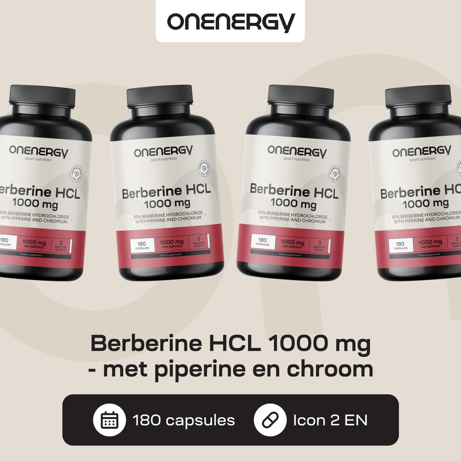 Detalle de OnEnergy Berberine HCL 1000 mg, 180 capsules met piperine en chroom