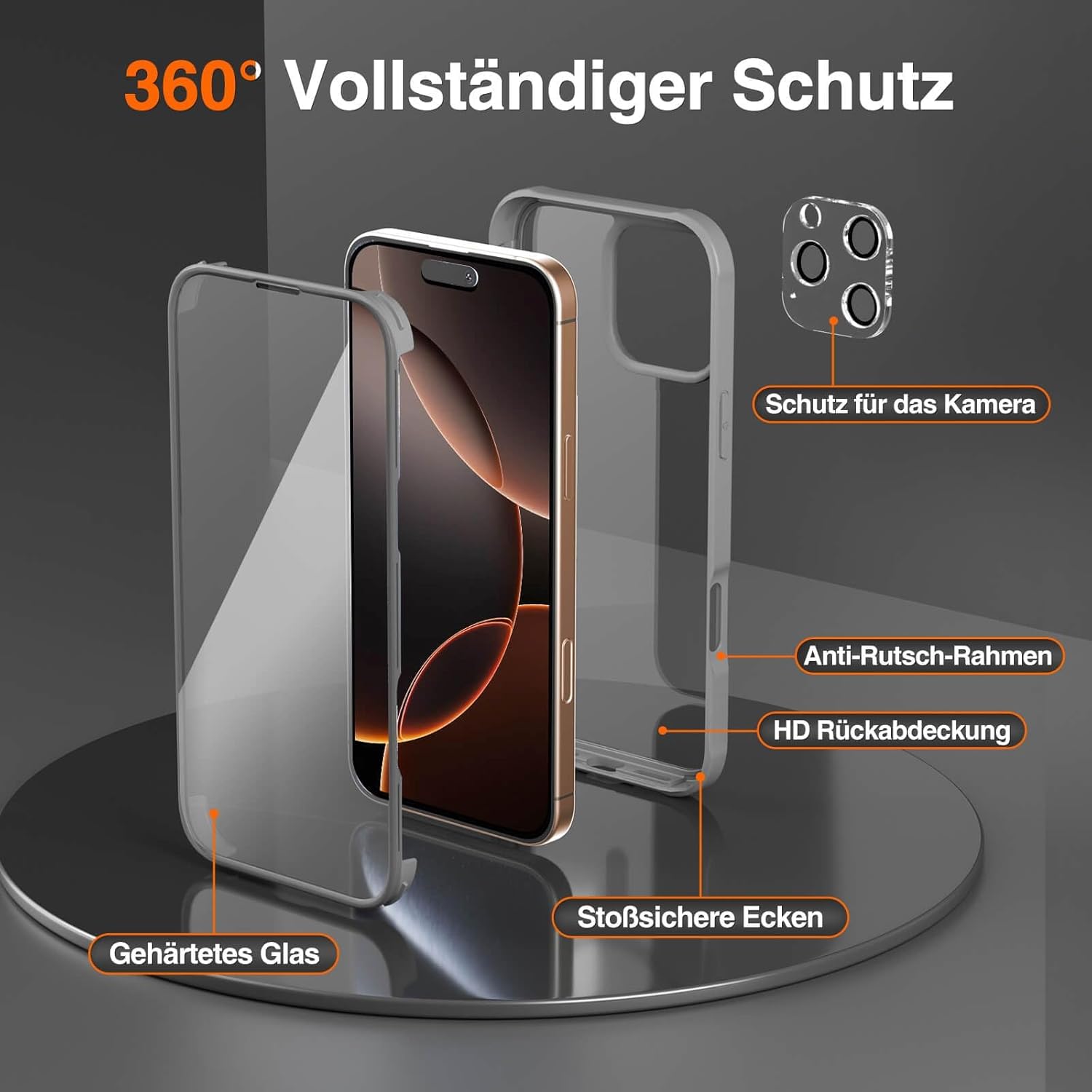 Thumbnail 1 de Leedia 360° Schutzhülle für iPhone 16 Pro Max (6,9") mit integriertem Displayschutz + 2× Kameraschutz – Grau