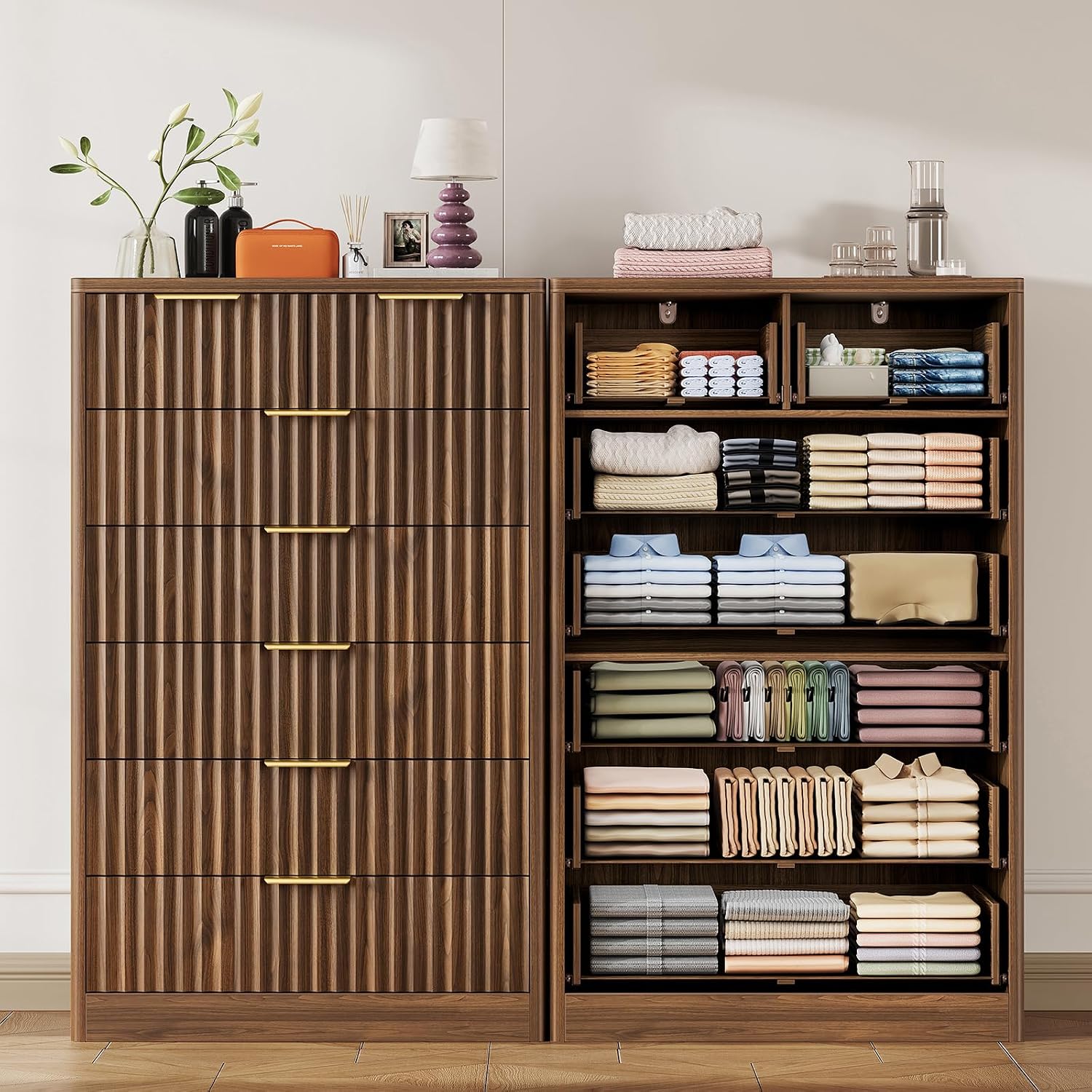 Detalle 2 de TEENFON dresser 7-Drawer Fluted Chest, Walnut, 48-Inch Tall