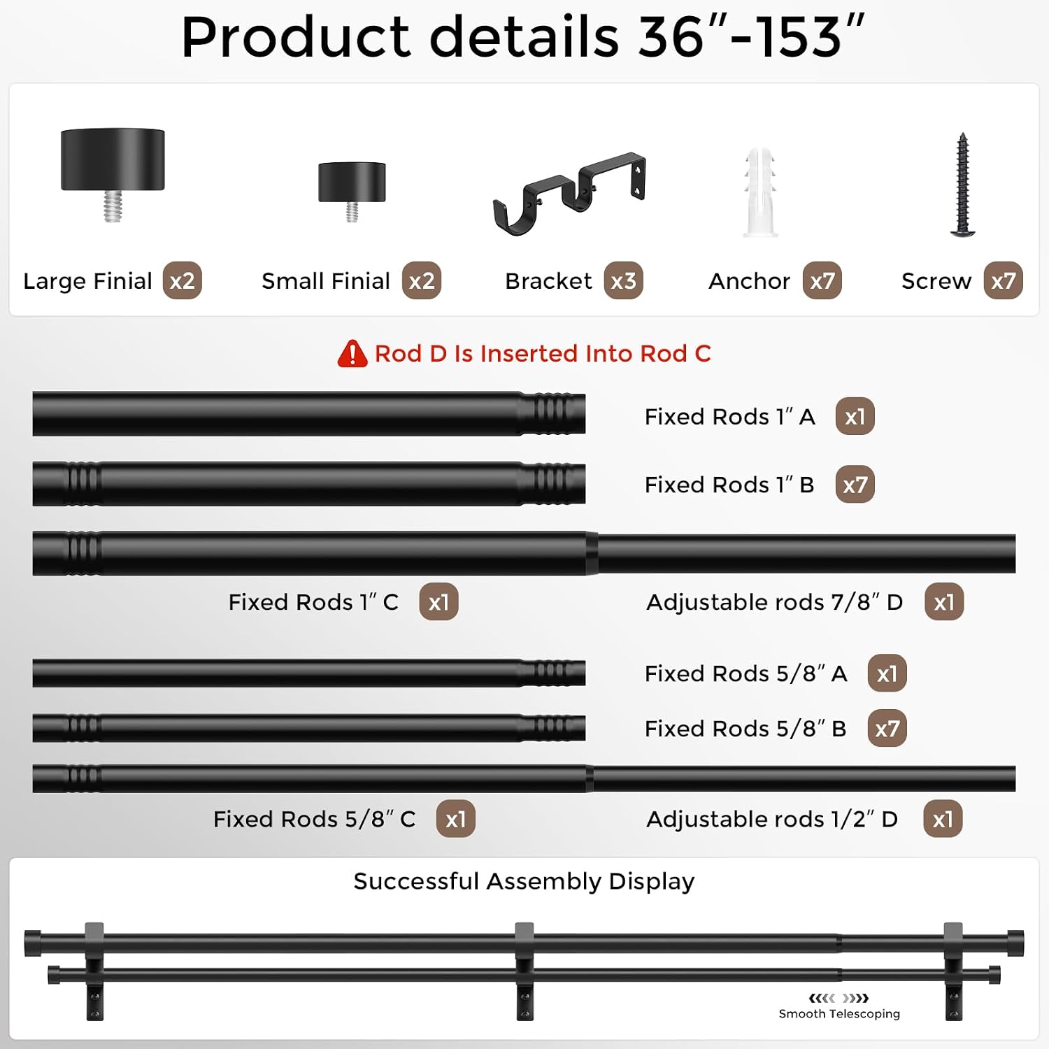 Thumbnail 4 de Black Double Curtain Rod (72 to 144 Inch Extra Long Dual Curtain Rods) Telescopic Metal Drapery Pole Set
