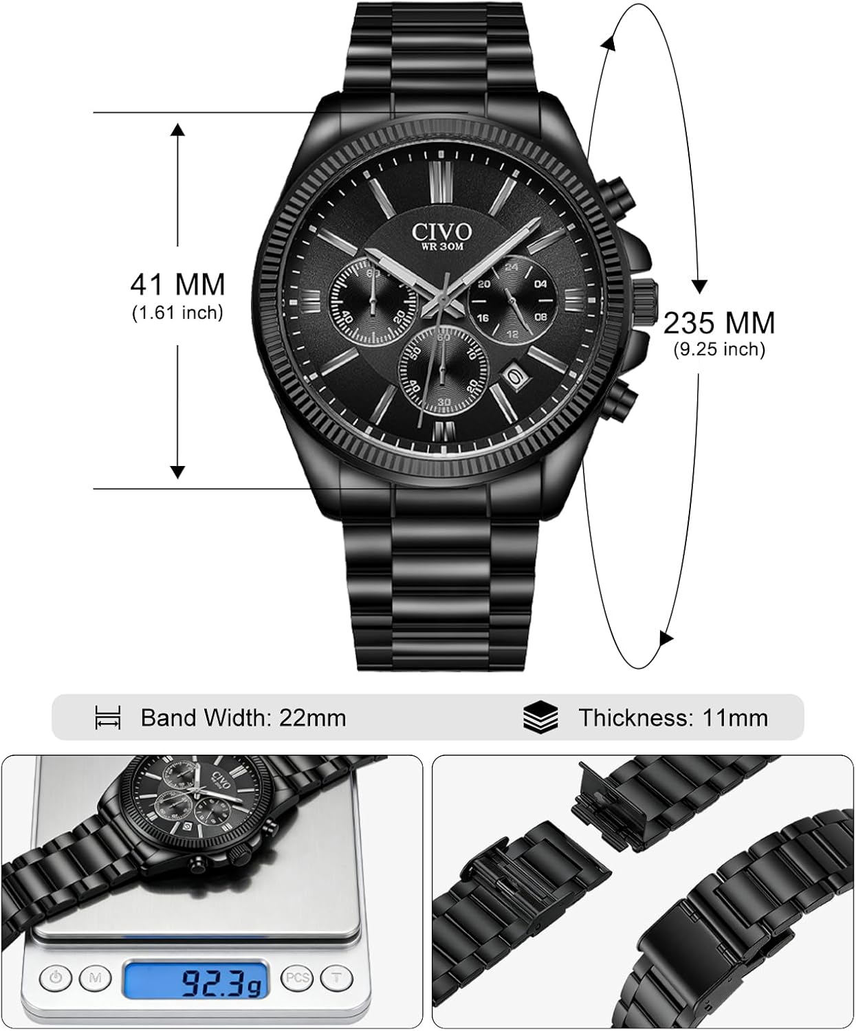 Thumbnail 6 de CIVO Herren-Chronograph Edelstahl Quarz mit Datum – wasserdichte 3-ATM-Armbanduhr (41 mm)