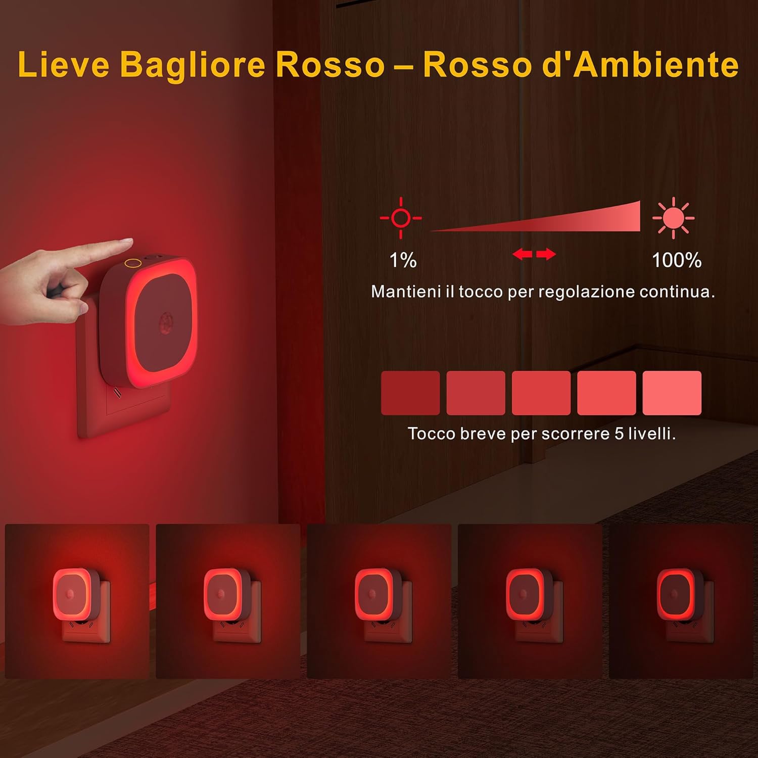 Thumbnail 5 de YUNLEX Luce notturna da presa con sensore di movimento e dimmer [2 pezzi] — rosso