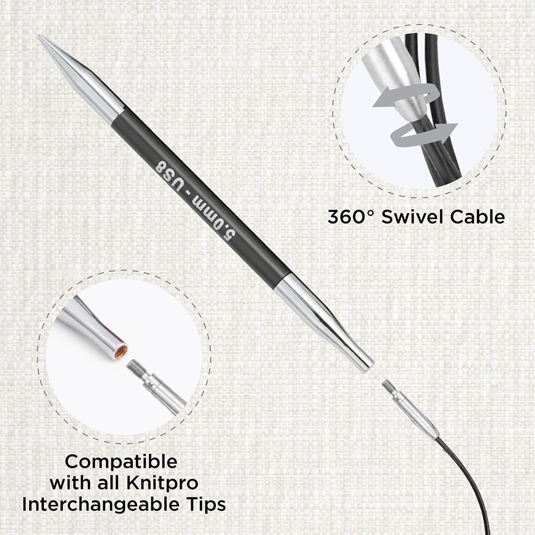 Detalle 2 de KnitPro The Mindful Collection 120cm 360° Swivel Cable with Stainless Steel Core