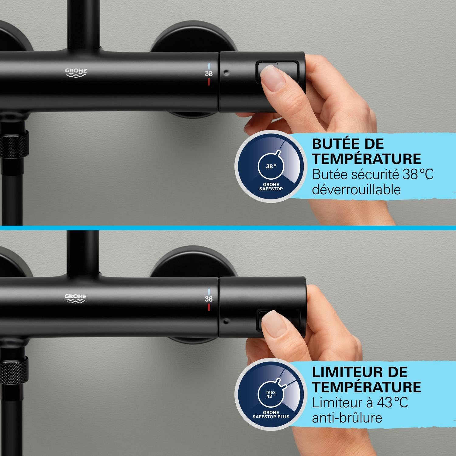 Thumbnail 5 de GROHE Precision Start Ensemble Douche avec Thermostatique – Pommeau Rond 11 cm, Flexible 1,75 m et Barre 60 cm (Noir Mat) – Économie d’Eau