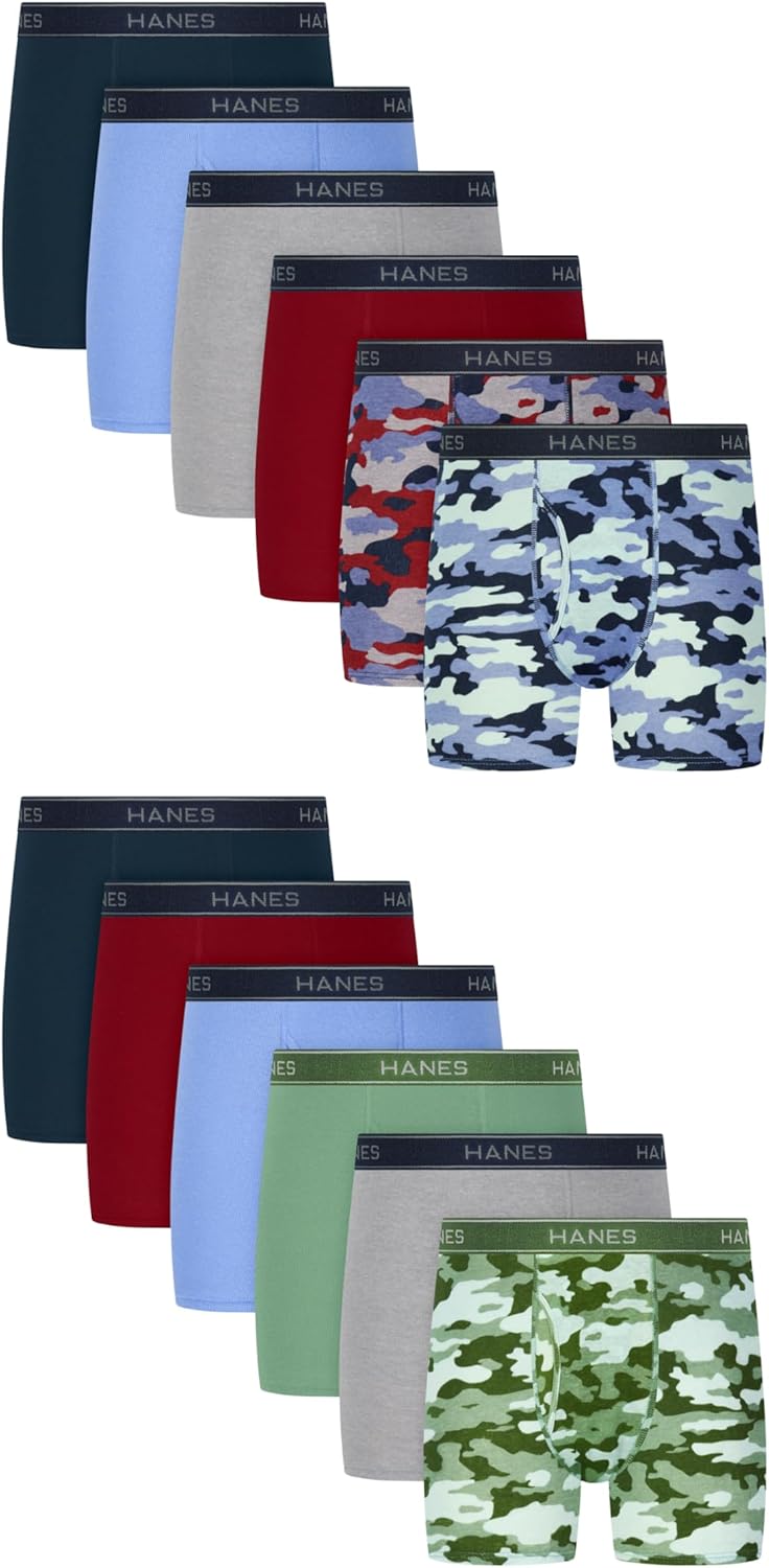 Detalle de Hanes Boys' Boxer Briefs: Moisture-Wicking, Tag-Free Comfort in Assorted Pack (10 or 12)
