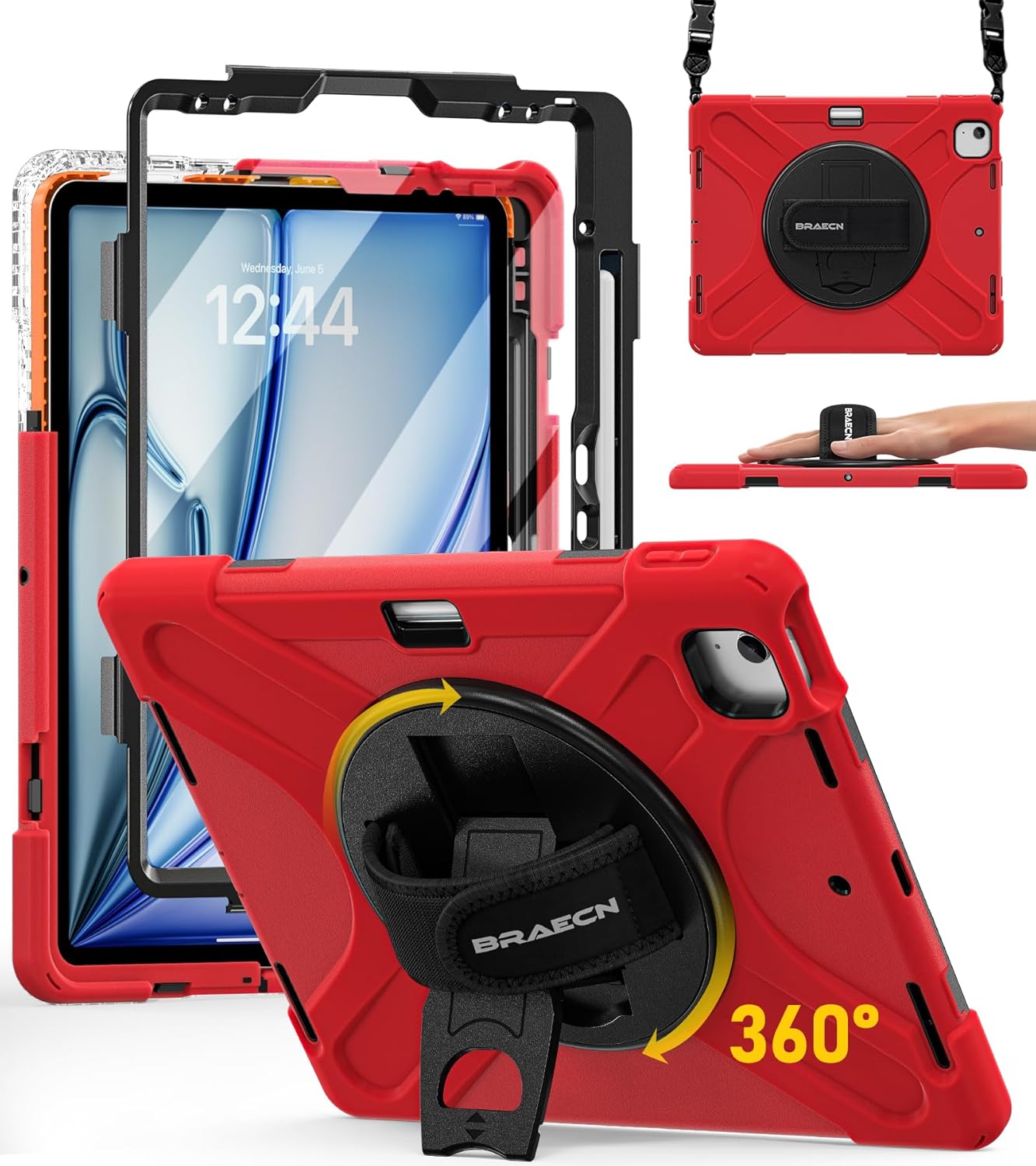 BRAECN Étui iPad Air 13 pouces avec film de protection, support 360° et dragonne (rouge) pour modèles M4/M3/M2