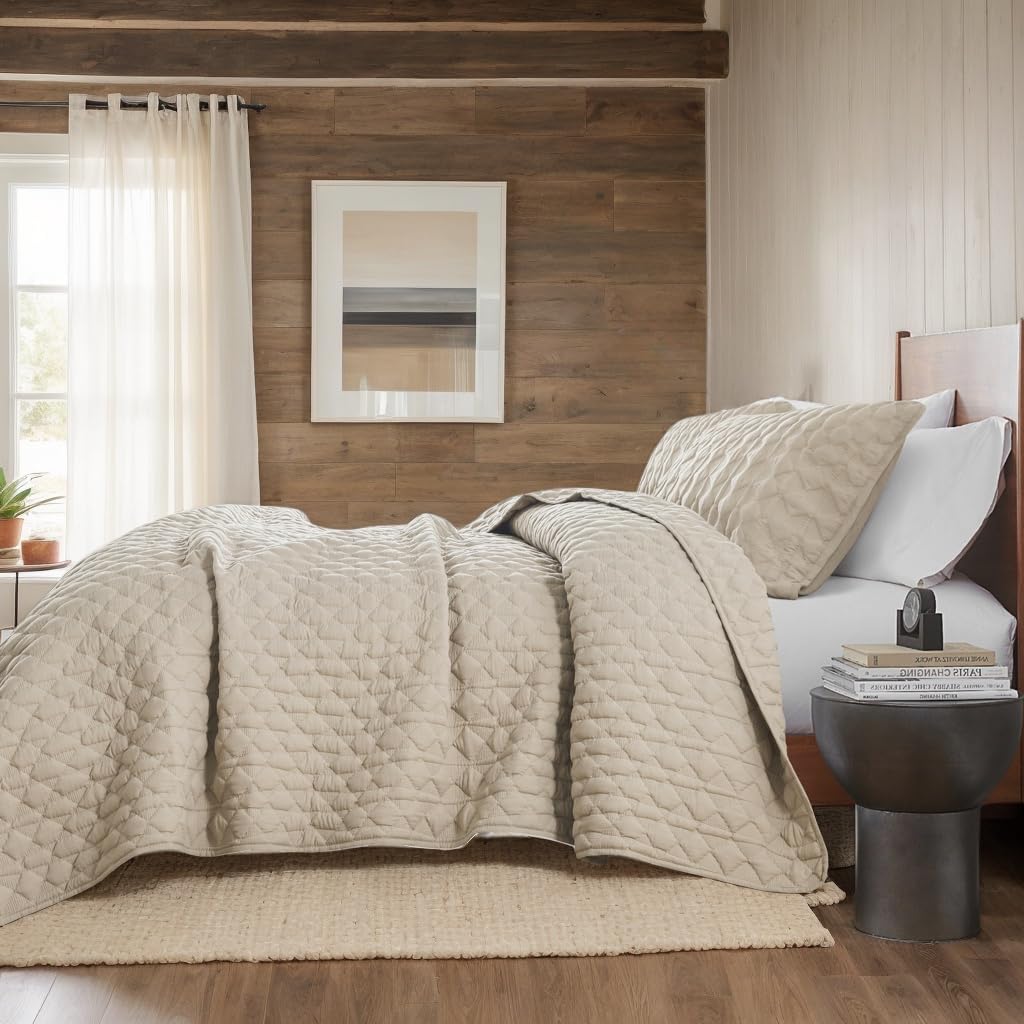 Thumbnail 4 de Beige Quilt King Size Bedding Set with Pillow Shams - 3 Pieces, Lightweight Geometric Quilt Coverlet