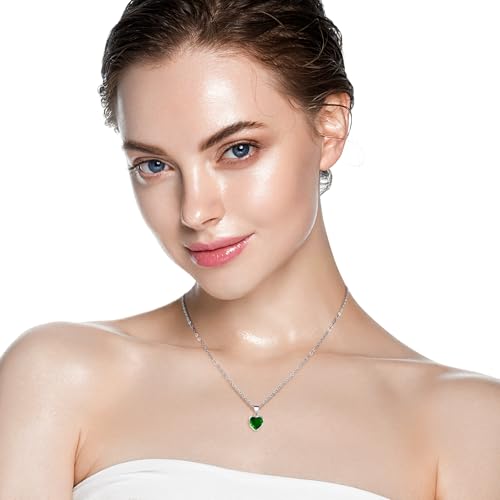 Detalle de Heart Pendant Necklace for Women with Green Emerald Crystal – May Birthstone, Silver Plated Chain by Aliyoham