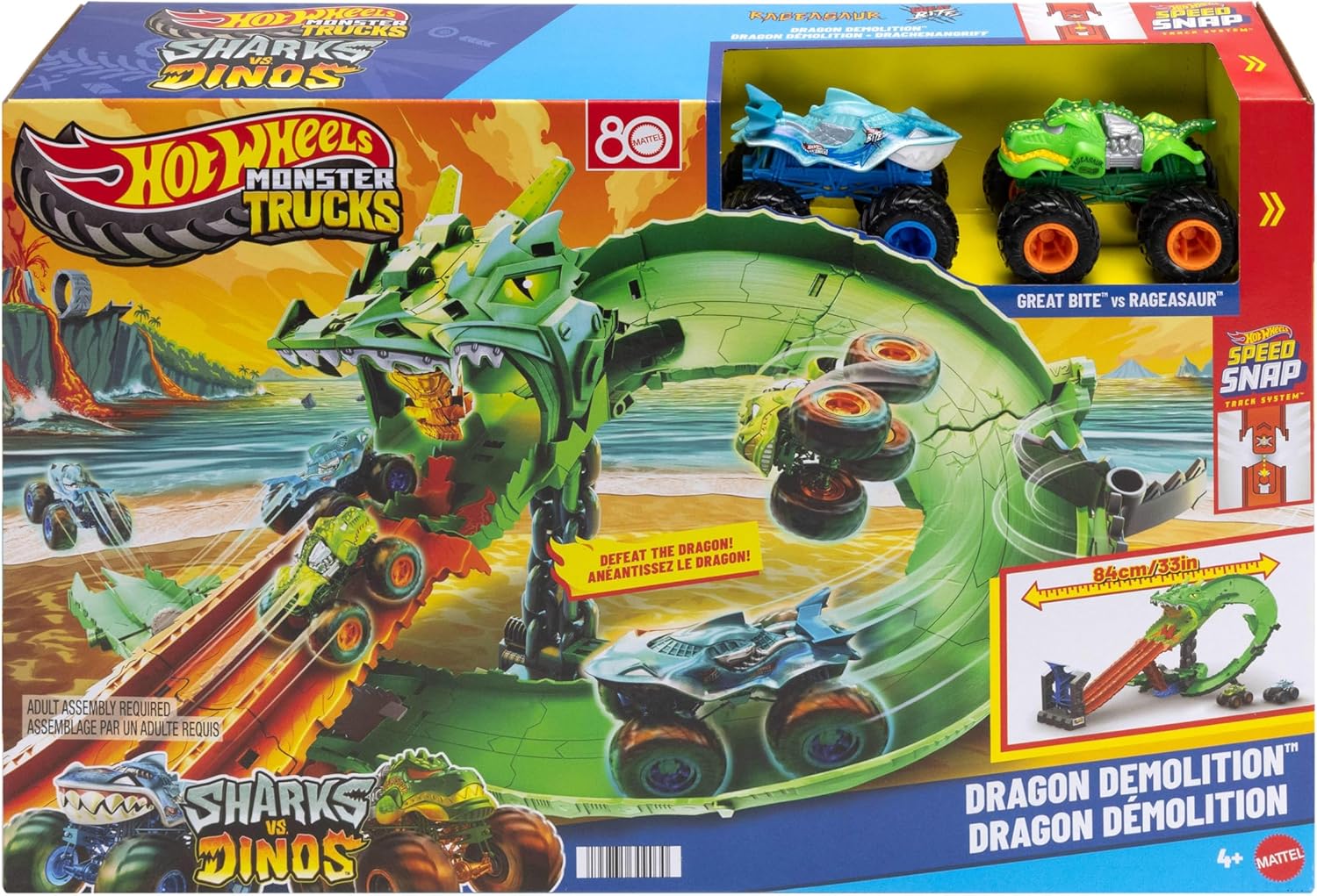 Thumbnail 6 de Hot Wheels Monster Trucks Sharks vs. Dinos Dragon Destruction (Great Bite e Rageasaur) set giocattolo 4+ JGB06