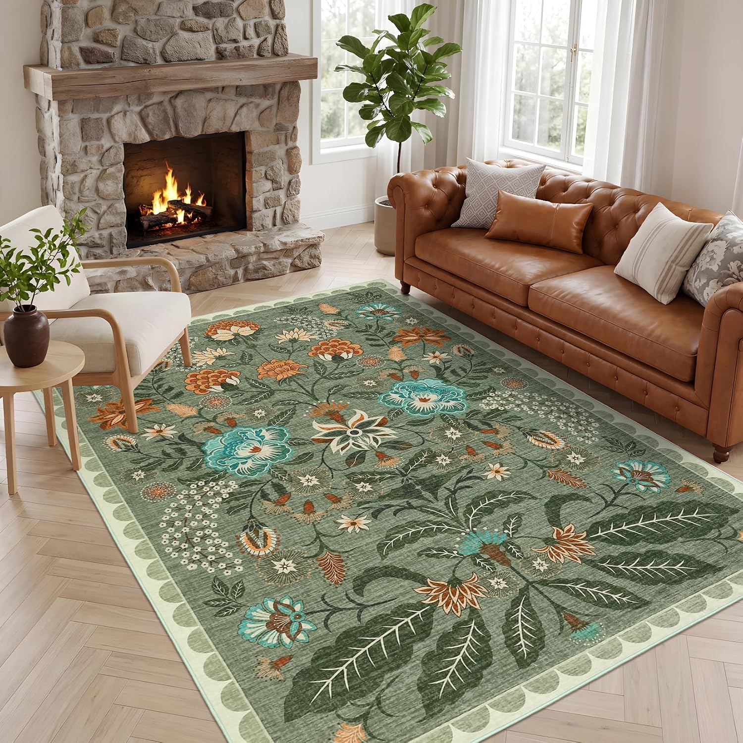 Detalle 2 de Garvee 8' x 10' Sage Green Washable Low-Pile Floral Area Rug