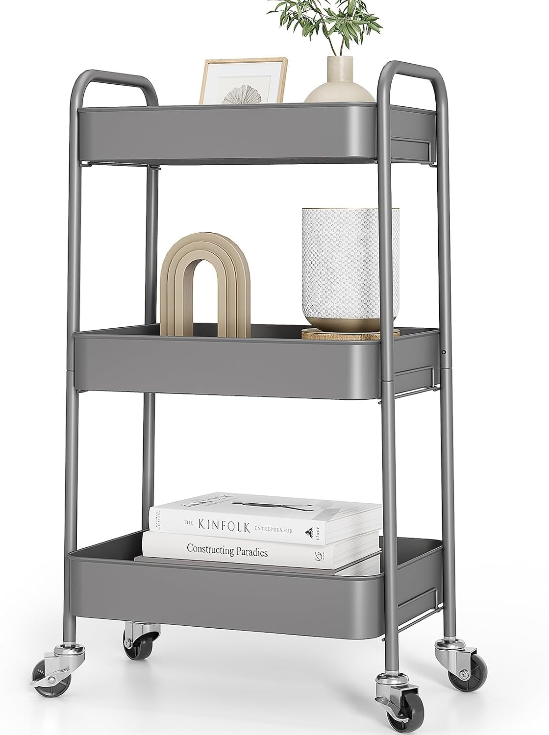 Detalle de TOOLF WK131218 3-Tier Metal Rolling Cart, Gray, Screwless Assembly