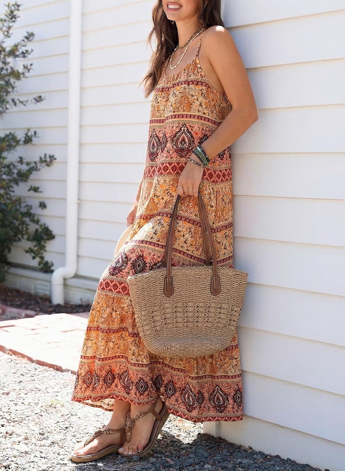 Thumbnail 6 de Dokotoo Women Summer Dresses 2026 Spaghetti Strap Scoop Neck Smocked Ruffle Flowy Boho Maxi Dress