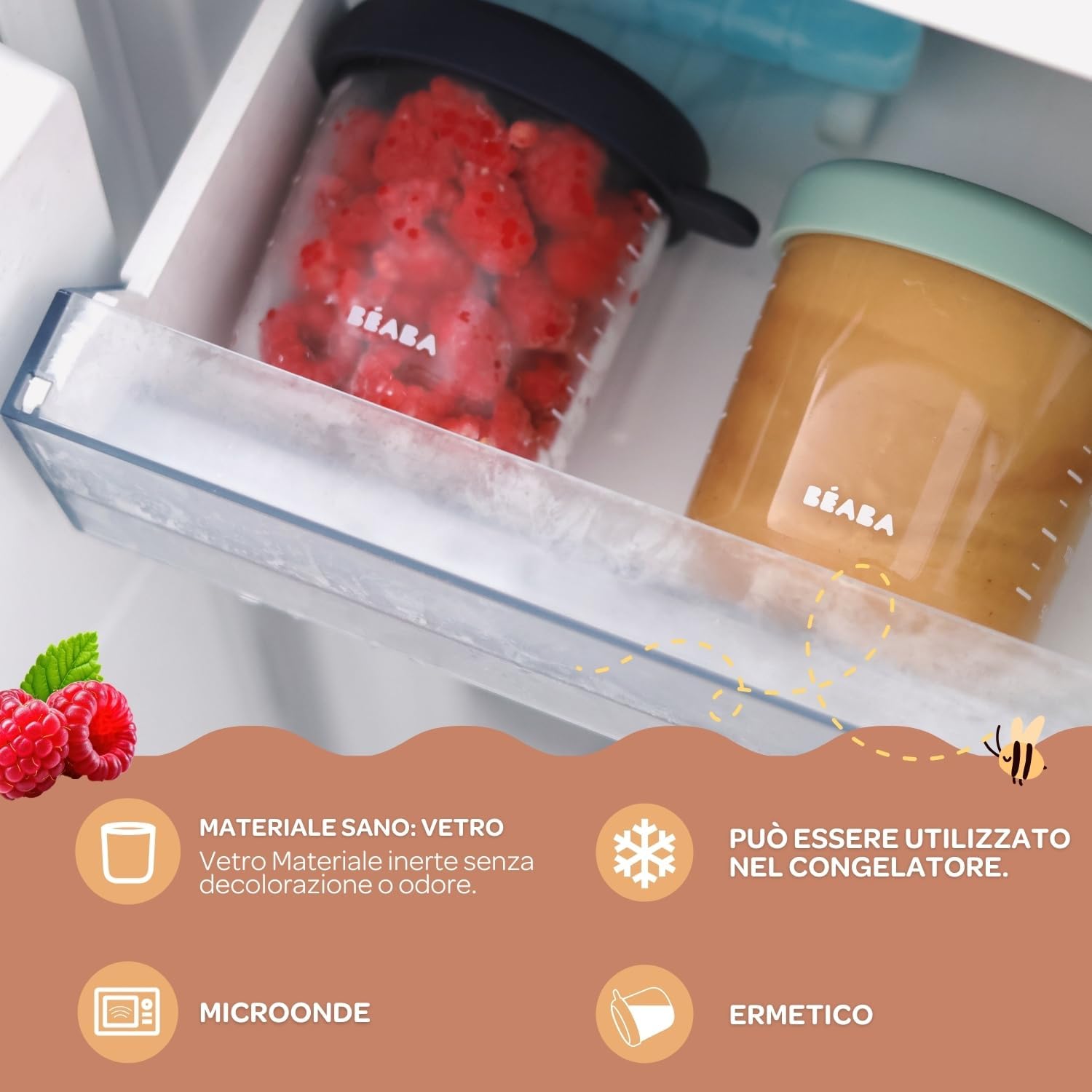 Detalle de BÉABA Set di 4 Contenitori Pappa in Vetro 250 ml Sunrise – pratici, impilabili e sicuri per congelare e riscaldare