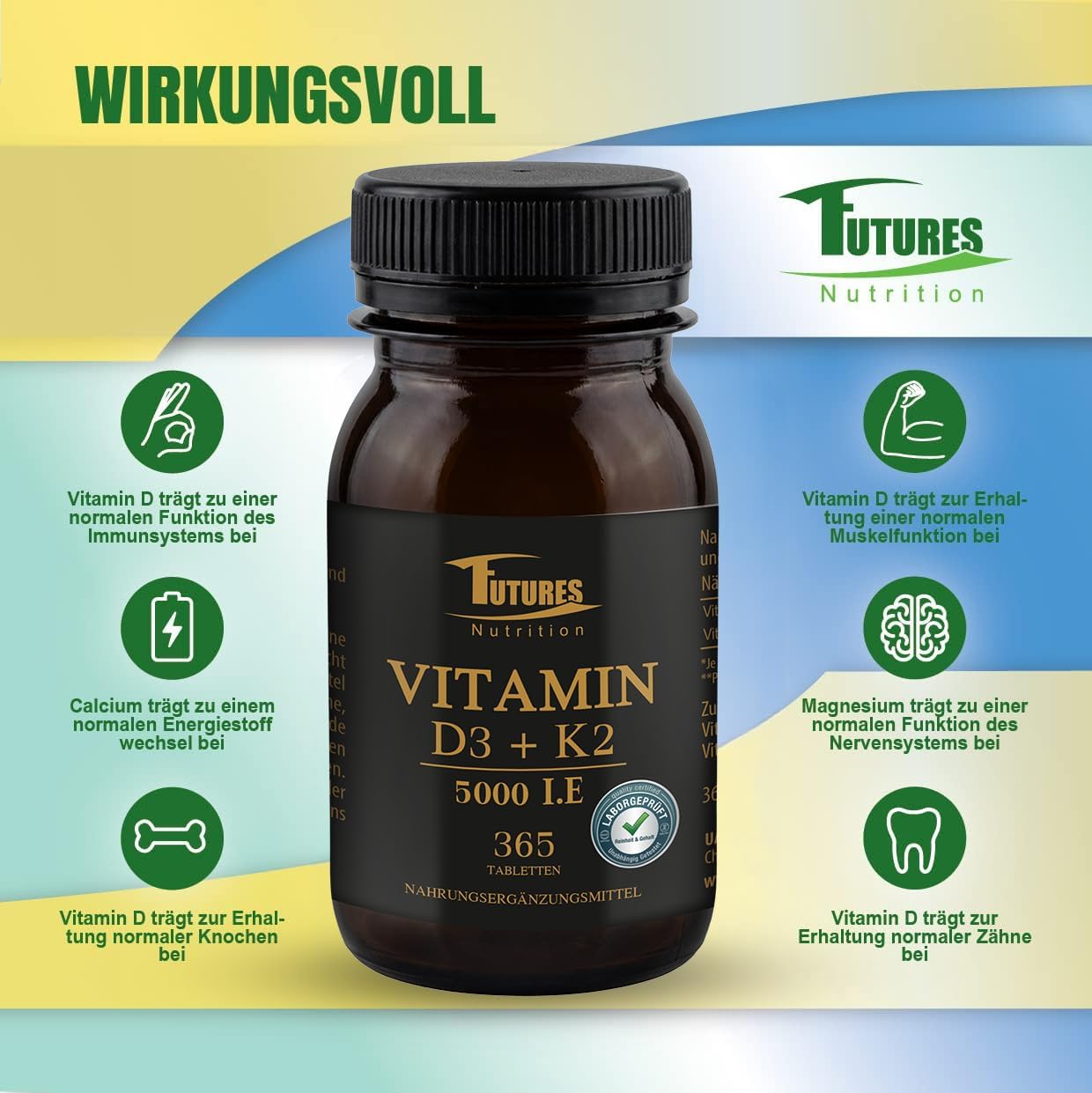 Detalle de FUTURES NUTRITION Vitamin D3 K2 5000 I.E (vegan) – hochdosiert, nur 1 Tablette alle 5 Tage, 365 Tabletten