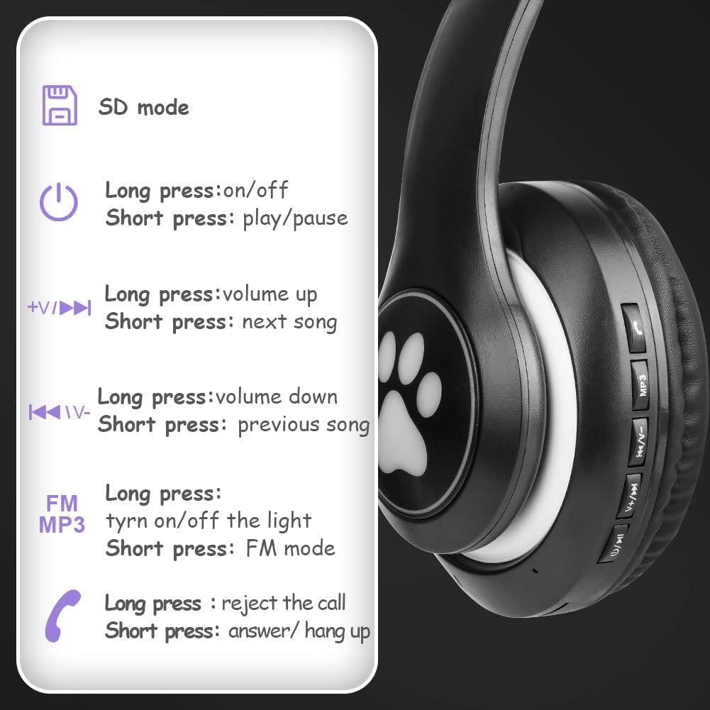 Thumbnail 3 de AXFEE Kinderkopfhörer Bluetooth mit Katzenohren, LED & Mikrofon – faltbare Over-Ear Stereo-Kopfhörer