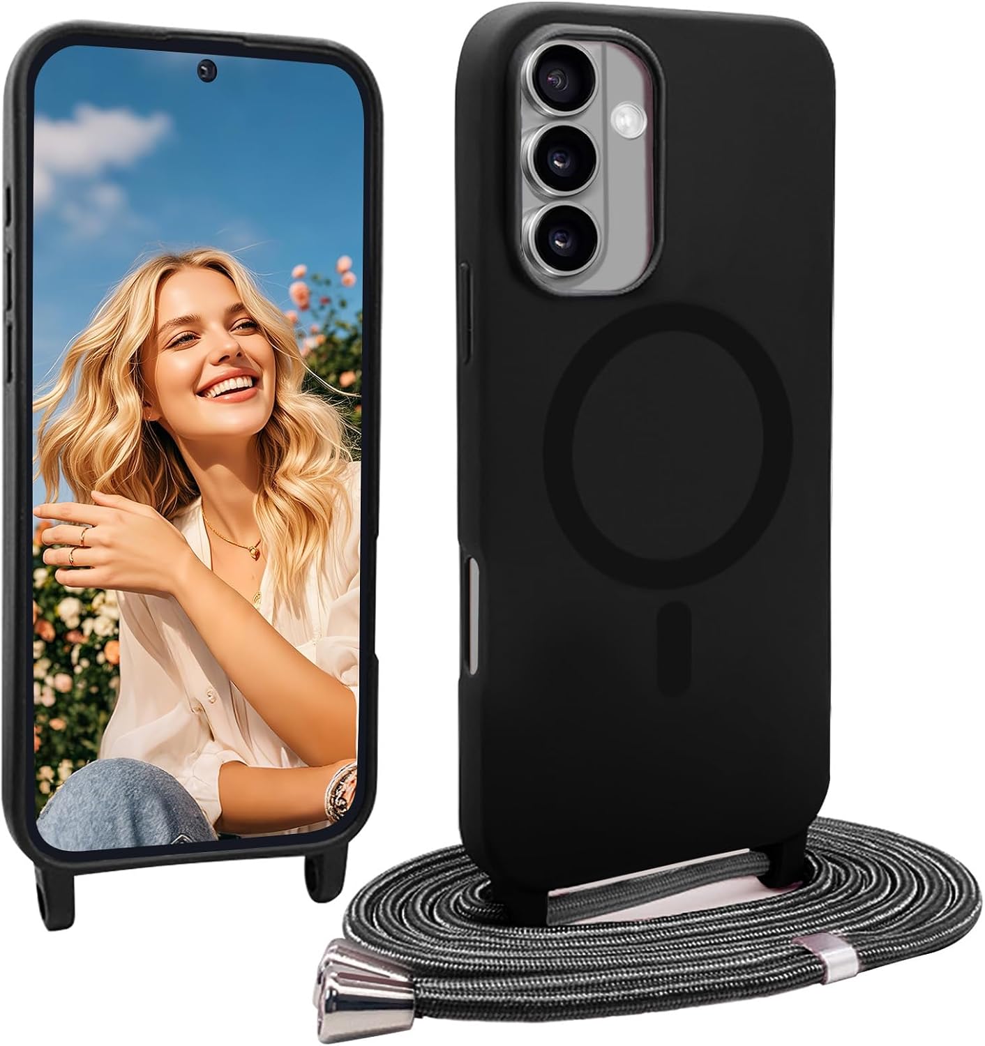 Detalle de YANJIEER Magnetische Hülle mit Umhängekordel für Samsung Galaxy S21 FE – Dünn, Silikon, MagSafe-kompatibel, Schwarz