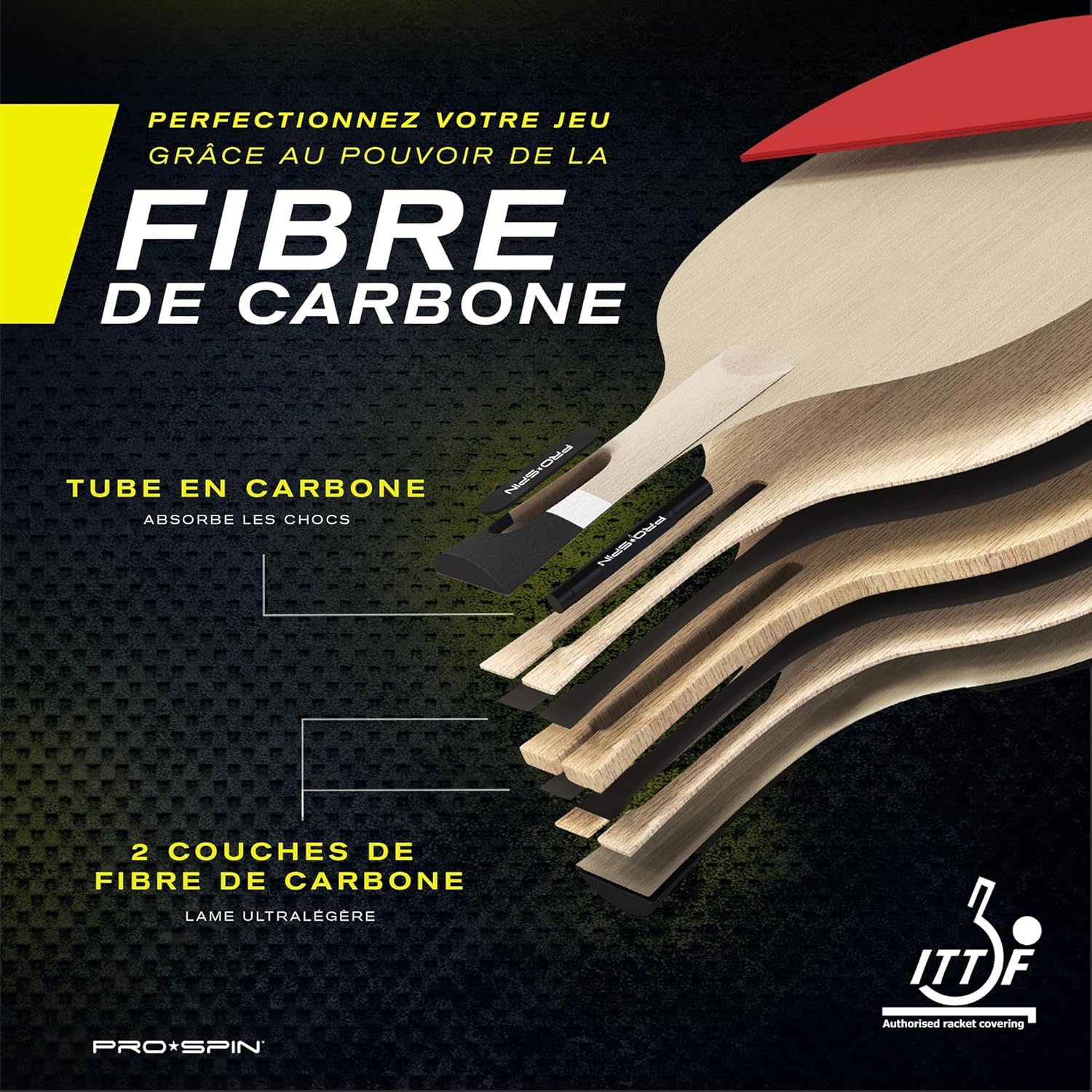Thumbnail 2 de PRO-SPIN Raquette de ping-pong Série Elite 7 plis (ITTF) — Fibre de carbone, mousse 2 mm et étui