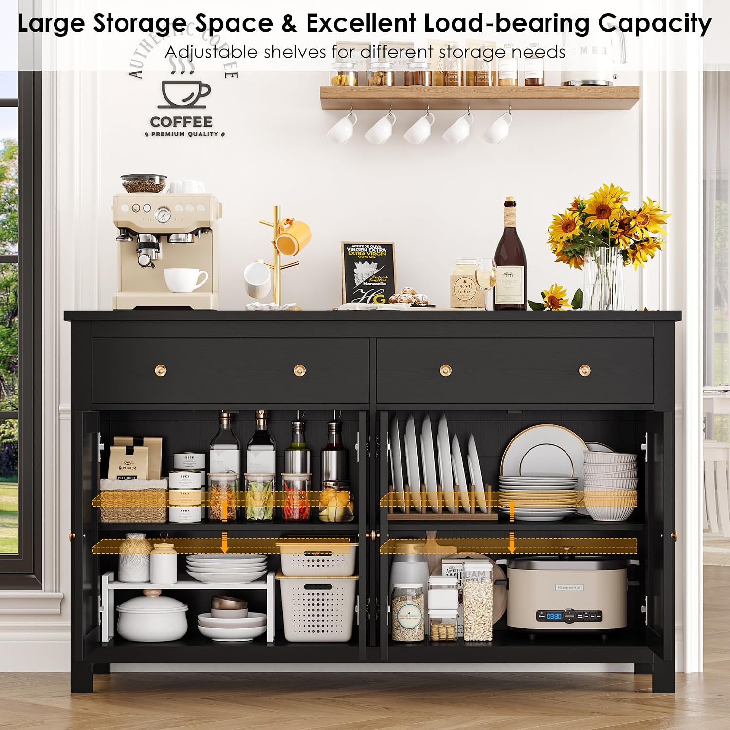 Detalle 2 de FirFurd P228 140cm Sideboard, Black Engineered Wood, 4 Doors, 2 Drawers
