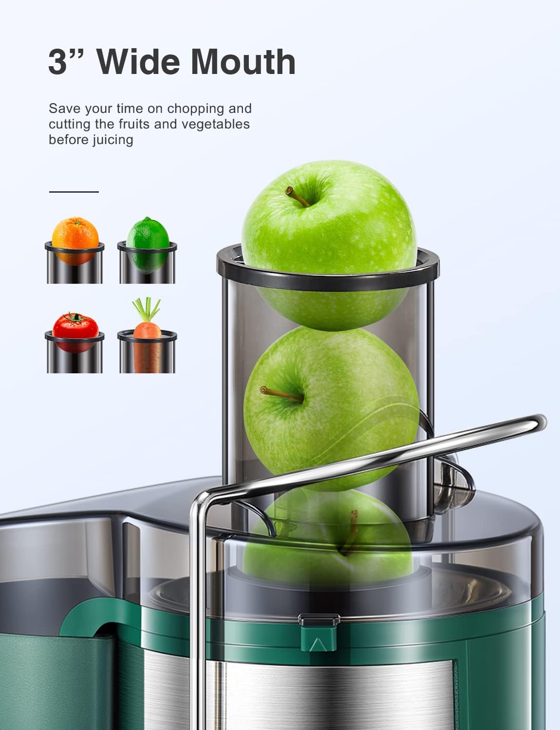 Detalle 2 de QCen KS-501 Centrifugal Juicer, 500W, 3-Inch Wide Feed Chute