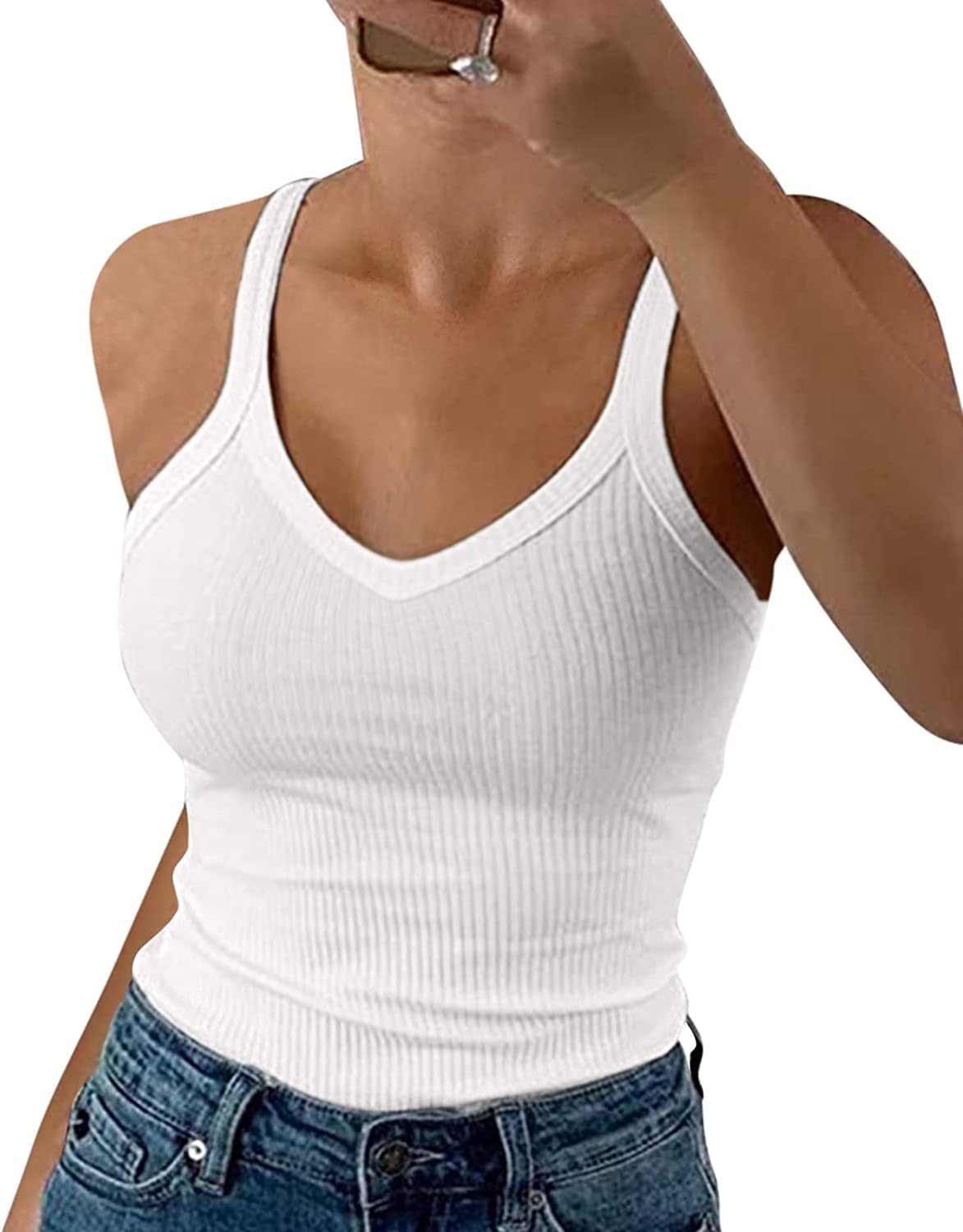 Thumbnail 5 de Wenrine Damen Spaghetti Tops U-Ausschnitt Slim Fit – gerippt, leicht durchsichtig? Nein: blickdichter Sommer- Tanktop