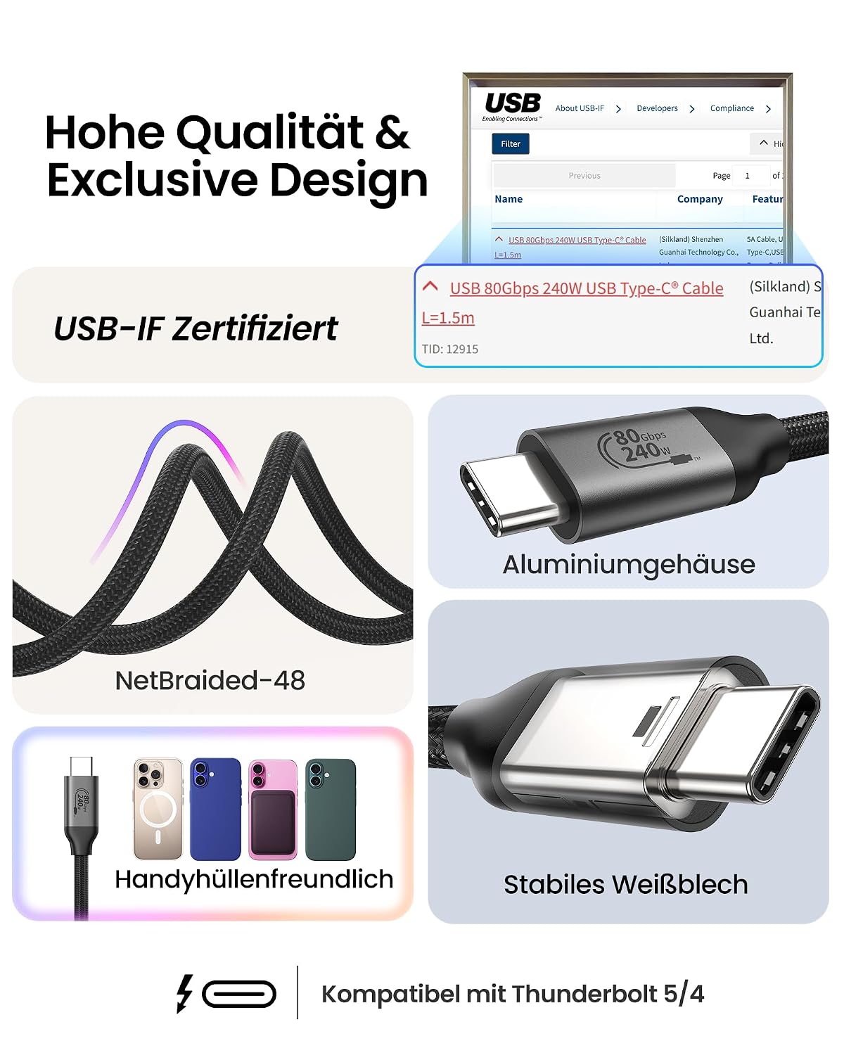 Detalle de Silkland USB4 V2.0 Kabel (80 Gbit/s) 1,5 m – USB-IF zertifiziert, bis zu 120 Gbit/s Video-Bandbreite, PD 3.1 bis 240 W