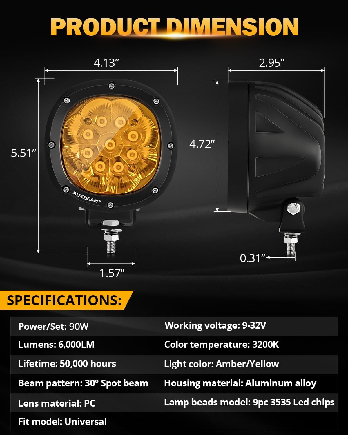 Detalle 2 de Auxbeam 90W Amber LED Offroad Light