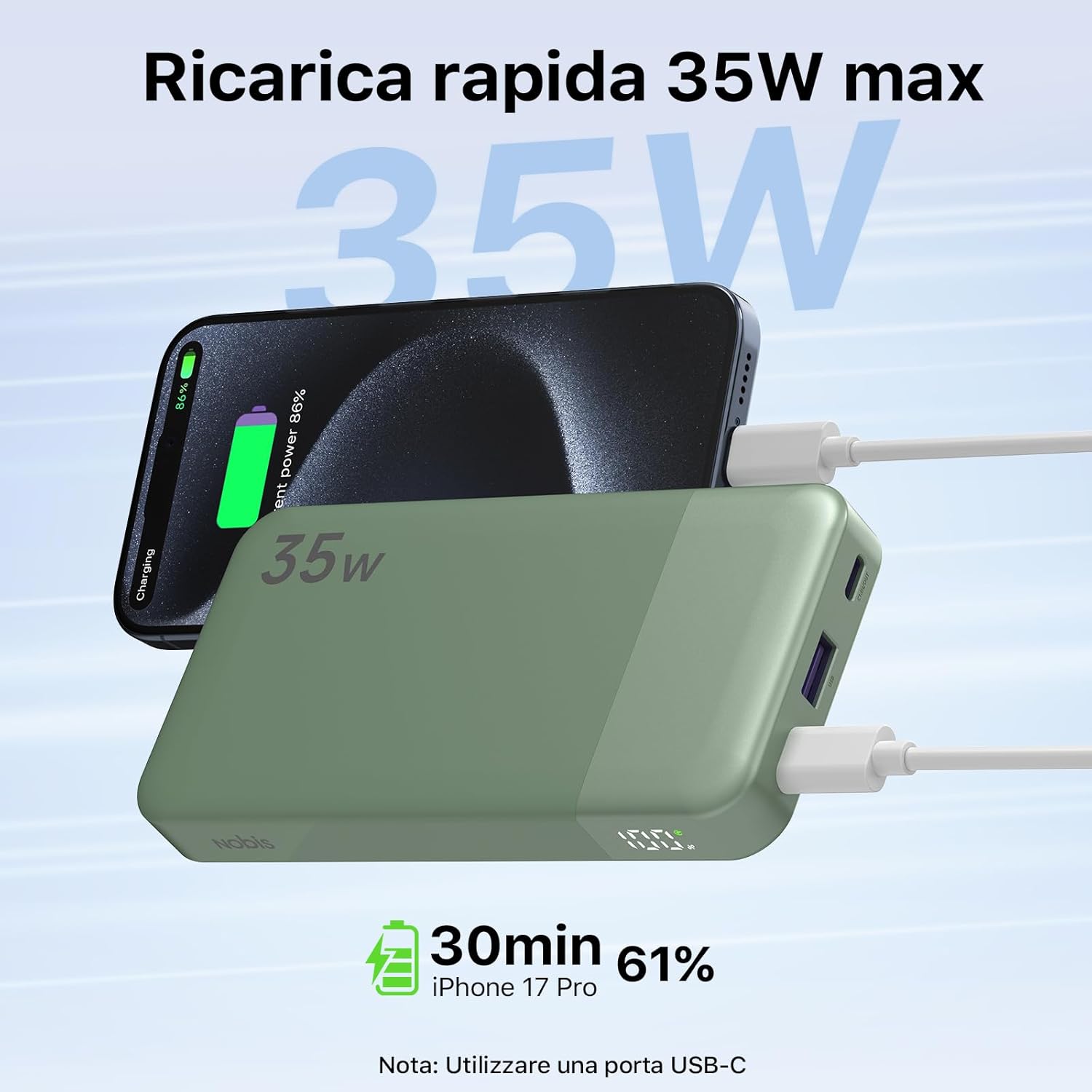 Thumbnail 1 de NOBIS Power Bank 35W portatile da 10.000 mAh con doppia ricarica rapida (USB-C & USB-A) e display digitale
