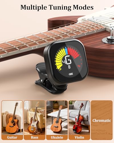 Detalle de New bee Stimmgerät Gitarre LCD Farbdisplay – kompaktes Clip-Stimmgerät für Gitarre, Bass, Violine & Ukulele (Schwarz)