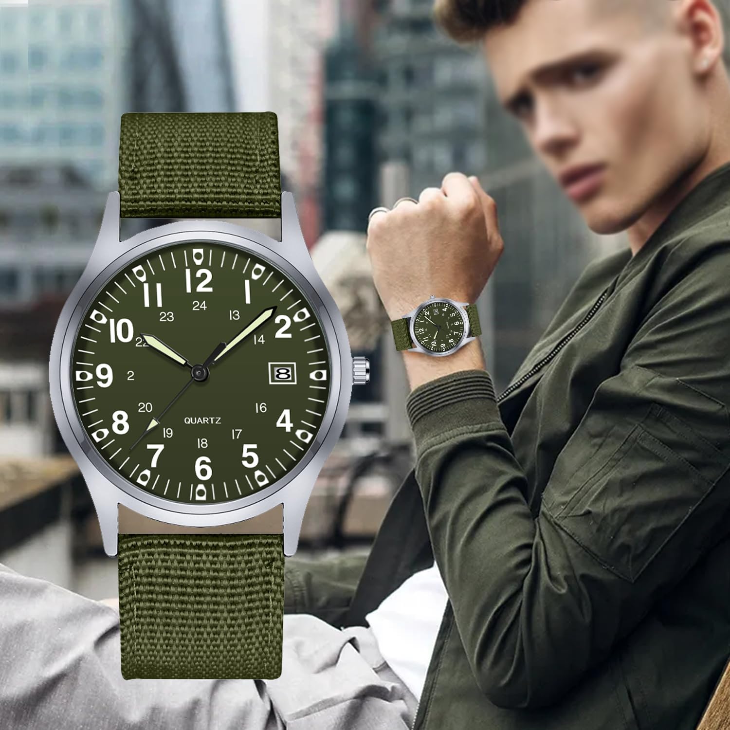 Thumbnail 2 de Tiong klassische Militär-Outdoor-Sportuhr für Herren mit Nylonarmband, Quarzwerk und Datumsanzeige (3ATM)