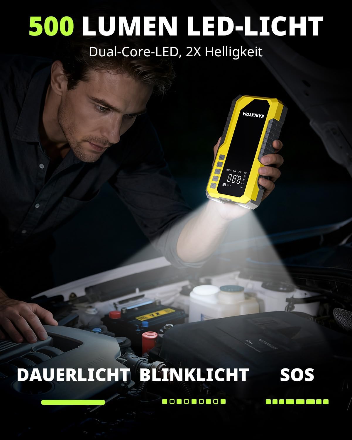 Detalle de Karlxtom Starthilfe Powerbank mit 4500 A, 190 PSI Kompressor, 88 Wh & LED-Licht