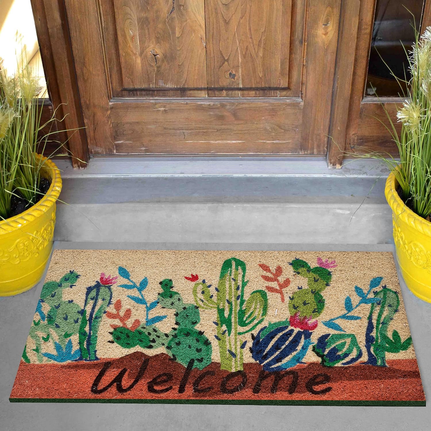 Detalle de Baroni Zerbino da esterno in Cocco con Base in PVC Dipinto a Mano raffigurante Cactus fioriti con scritta Welcome 70X40X2 cm