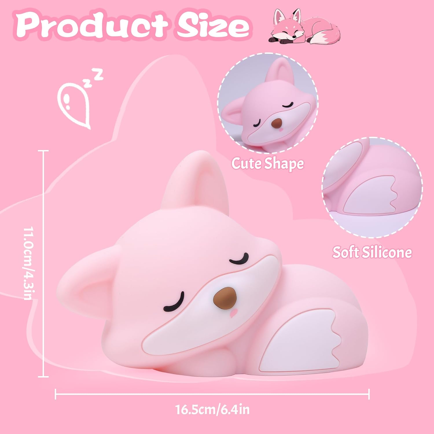 Thumbnail 6 de YuanDian Fuchs-Nachtlicht für Mädchen – weiche rosa Silikonlampe mit Touch, Timer und Akku