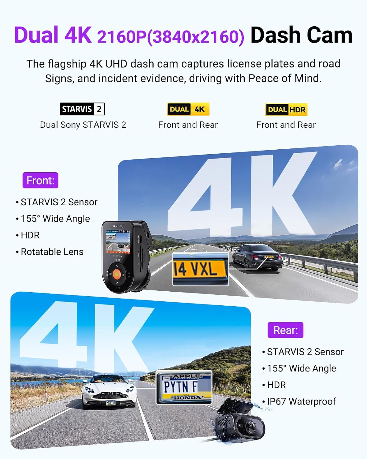 Thumbnail 1 de Vantrue S1 Pro Max 4K+4K Dual Dash Cam: Dual Sony STARVIS 2, PlatePix HDR, 5GHz Wi‑Fi and GPS
