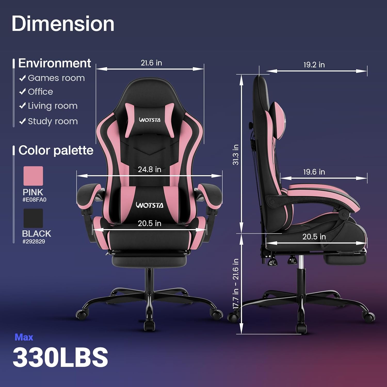 Thumbnail 2 de WOTSTA Gaming Chair with Footrest – Ergonomic PC Chair with Lumbar Support, Head Rest and 360° Swivel (Black Pink)