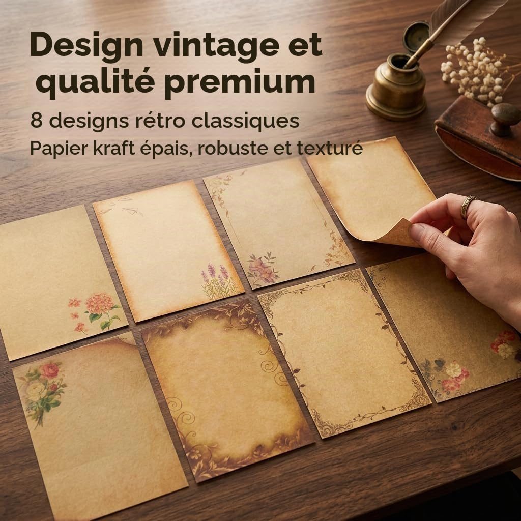 Detalle de Haefan vintage briefpapier A5 met 8 motieven, linnen enveloppen en zegels