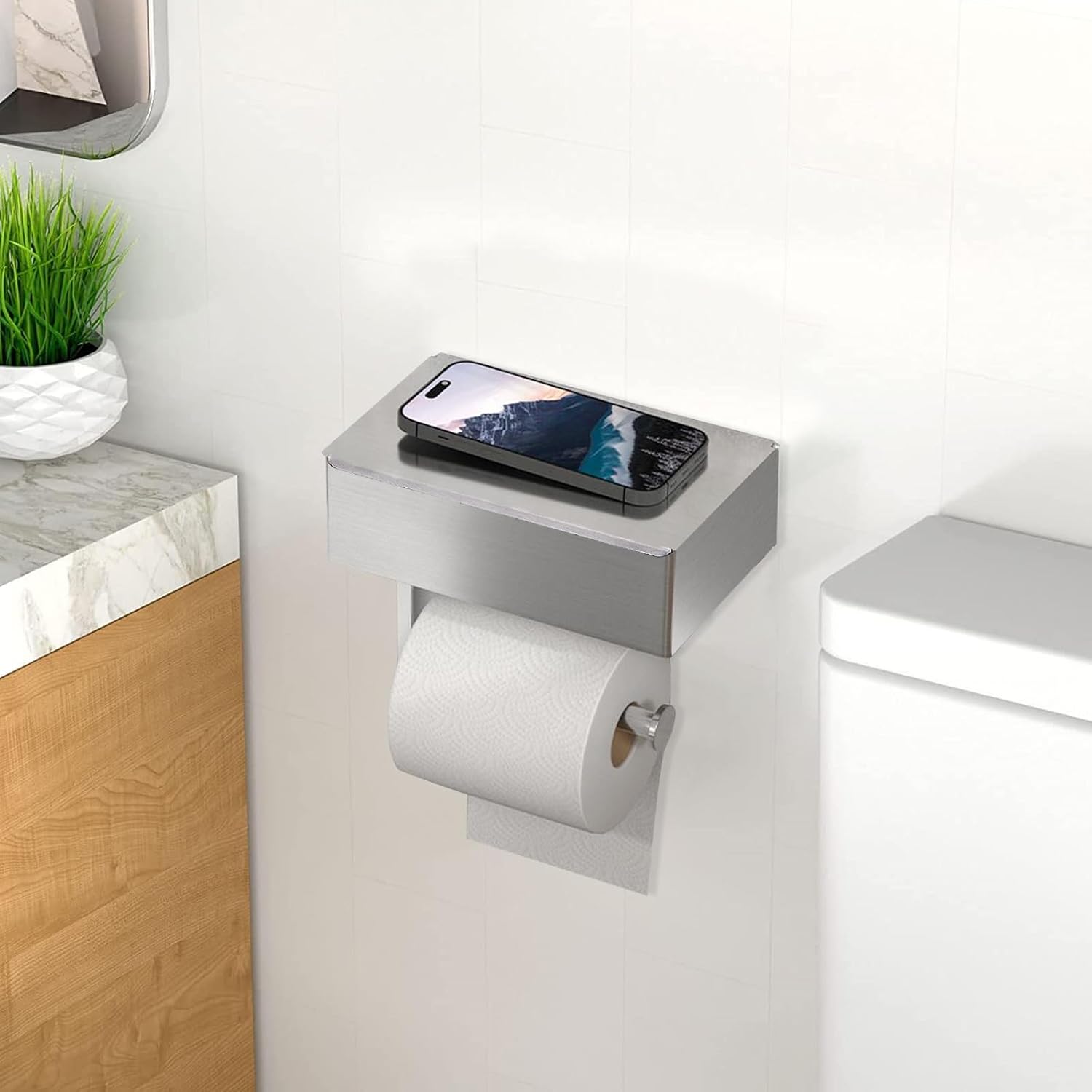 Detalle de Porte-Papier Toilette mural GUIGUZI avec étagères et boîte à lingettes – Argent
