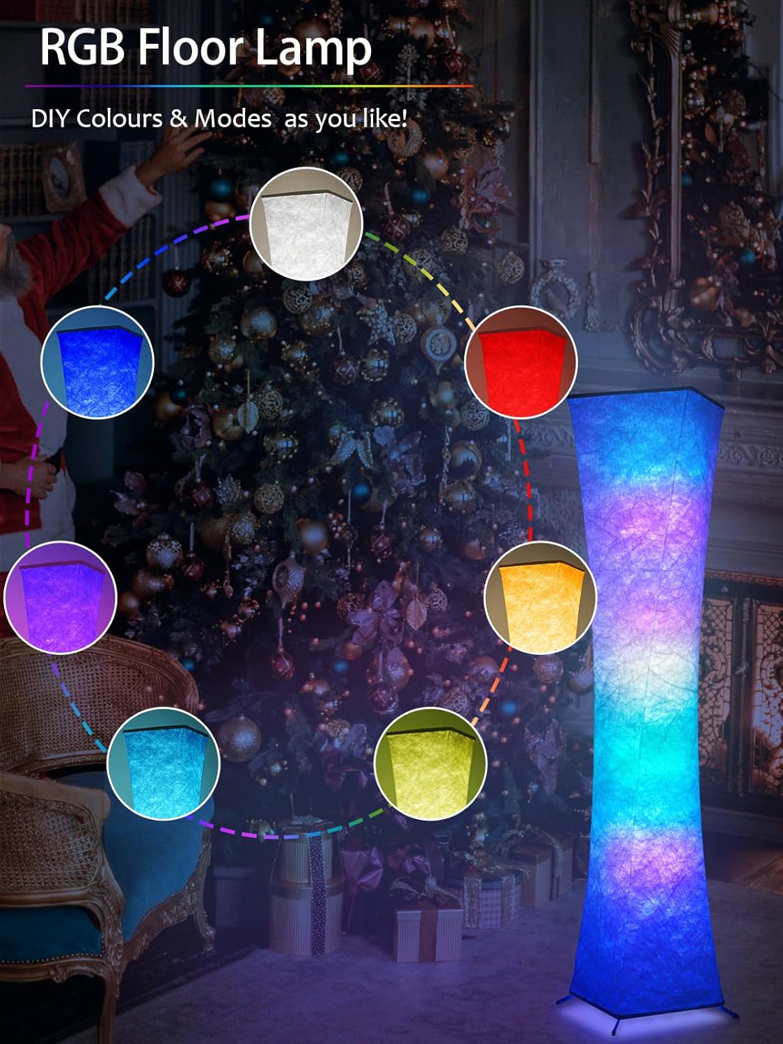 Thumbnail 4 de Amdelne RGB Stehlampe Wohnzimmer Dimmbar – Stoffschirm Weiß, Musik-Sync