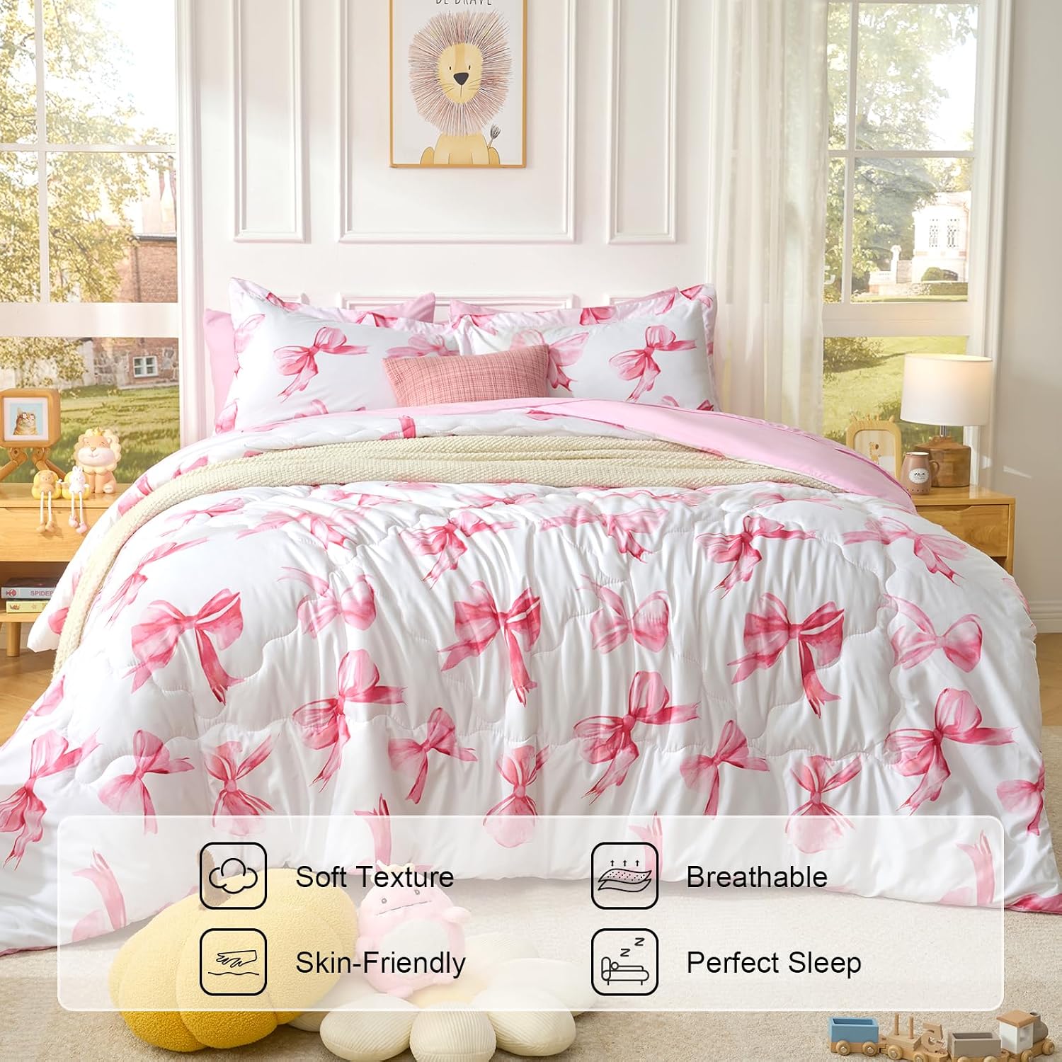 Detalle de Wajade Pink Bow King Duvet Set (220 x 240 cm) with Two Pillowcases – Soft, Reversible, All-Season