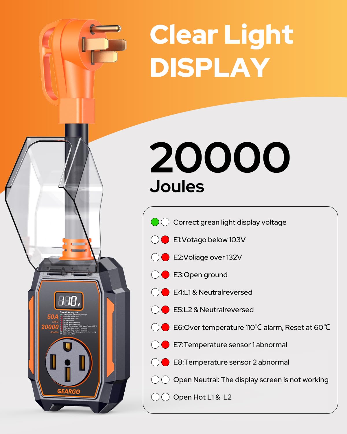 Detalle de GEARGO 2026 Smart RV Surge Protector 50 Amp with 20,000J: Real-Time Diagnostics for Safer Campouts